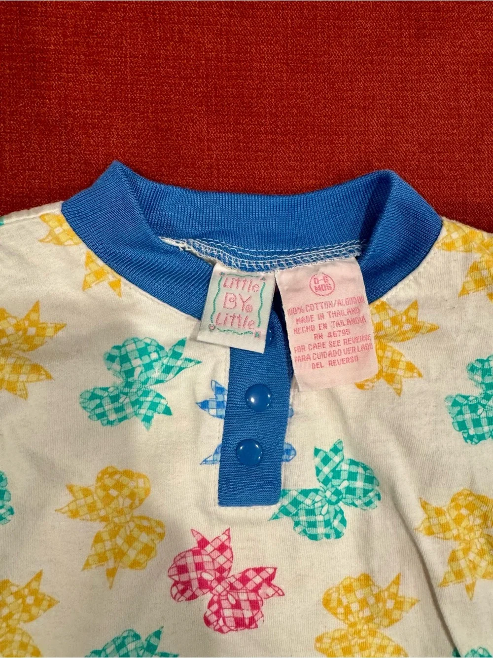 Vintage Blue-Trim Baby Onesie with Multicolor Gingham Bow Print